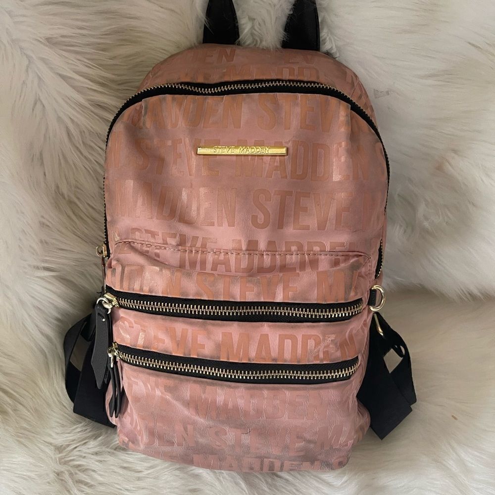 Steve Madden pink logo Nylon backpack with black straps & gold tone accents
